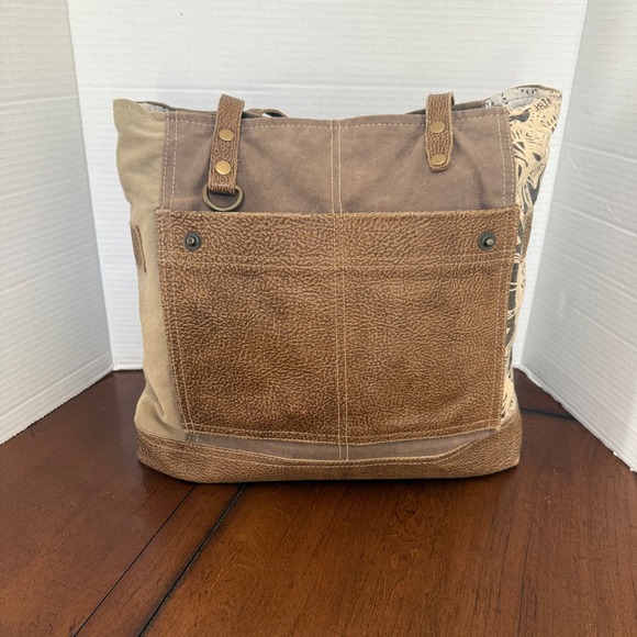 Myra Bag Handbags - Myra Bag Canvas Leather Patchwork Tote Shoulder Bag Brown Tan Botanical Print